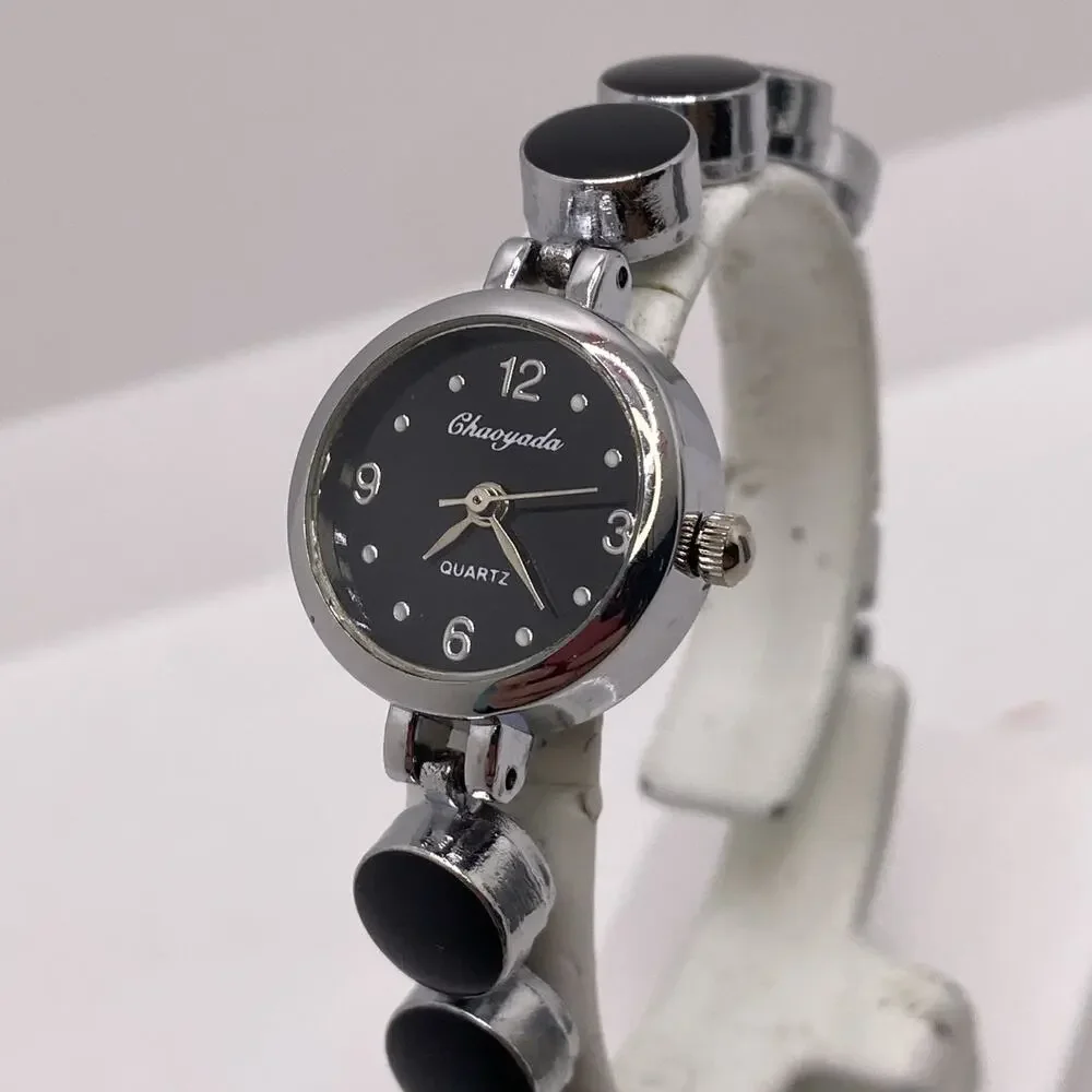 Womens Black Beaded Silver Quartz Watch Works New Battery